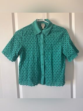 Worthington Teal Crochet Eyelet Button-Down Shirt